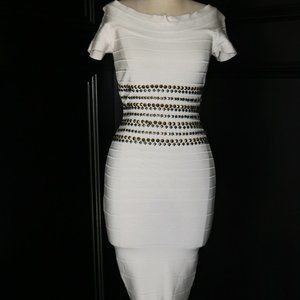 HERVE LEGER  "Carmen" White Bandage Knit Studded Bodycon Cocktail Dress